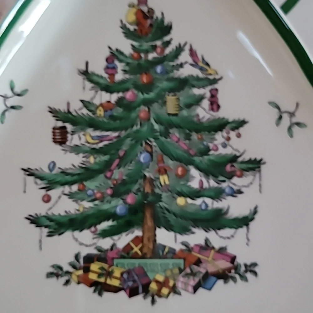 Vintage Fine Porcelain Spode Christmas Tree Large Triangle Tray Plate & Box